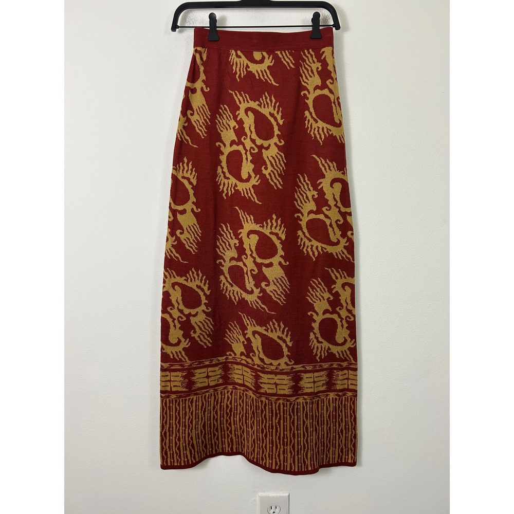 NWT Peruvian Connection Red Gold Pima Cotton Knit Intarsia Maxi Skirt XS